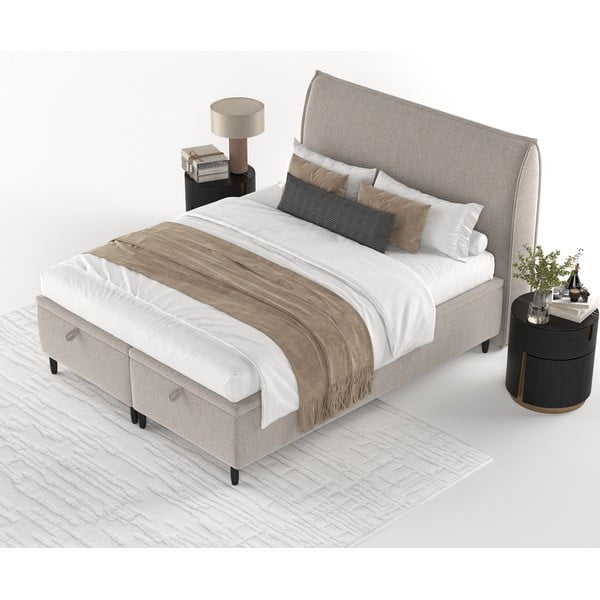 Pat matrimonial gri/bej tapițat cu spațiu de depozitare 140x200 cm Pearl – Maison de Rêve-image-3