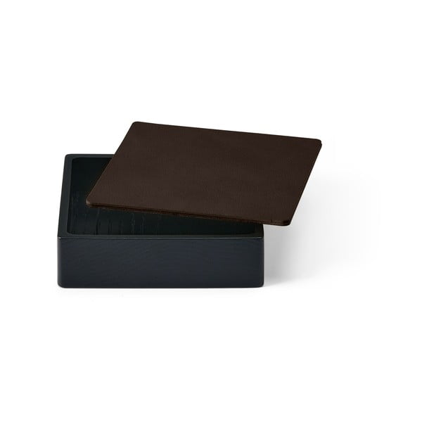 Cutie de depozitare neagră-maro din lemn și din piele ecologică cu capac, decorativă 11x11x3,5 cm Square Nupo – LIND DNA-image-1