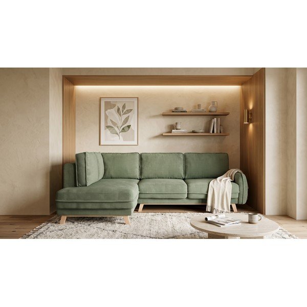 Colțar verde deschis extensibil cu tapițerie din catifea reiată  (cu colț pe partea stângă ) Tori – Bonami Selection-image-1