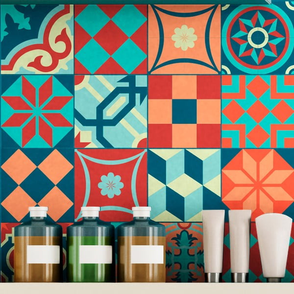 Set 16 autocolante de perete Ambiance Tiles Azulejos Colorful Vintage Style, 10 x 10 cm
