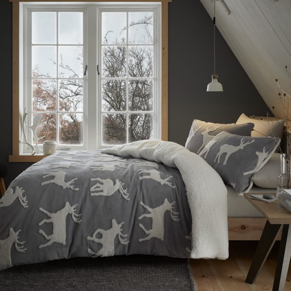 Lenjerie de pat alb-gri 200x200 cm Stag Sherpa - Catherine Lansfield-image-1