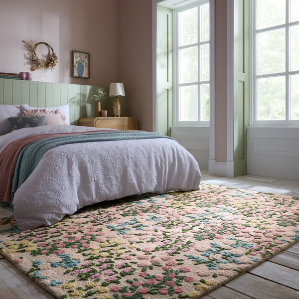 Covor crem țesut manual din lână 200x290 cm Emilia Floral – Flair Rugs-image-1