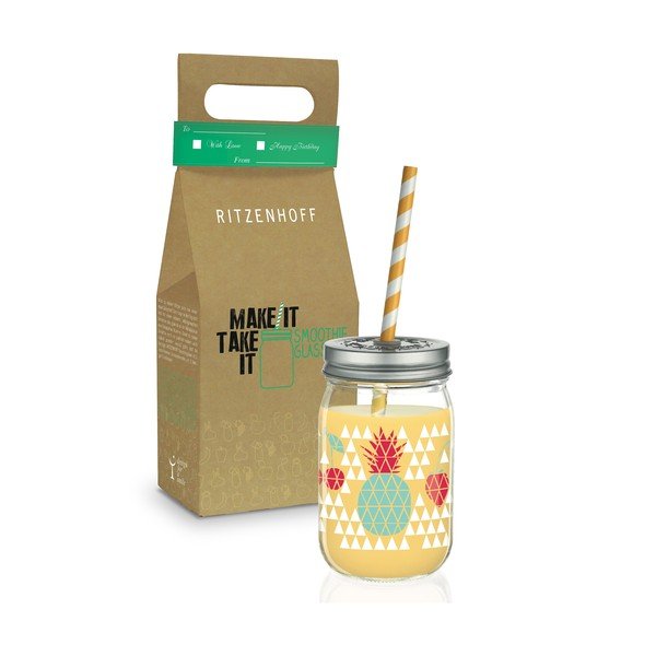 Pahar din sticlă cu pai și capac Ritzenhoff Kathrin Stockebrand Pineapple, 445 ml-image-2