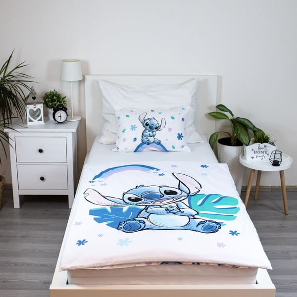 Lenjerie de pat pentru copii albă/albastră din bumbac pentru pătuț 135x100 cm Lilo and Stitch "Rainbow" – Jerry Fabrics-image-1