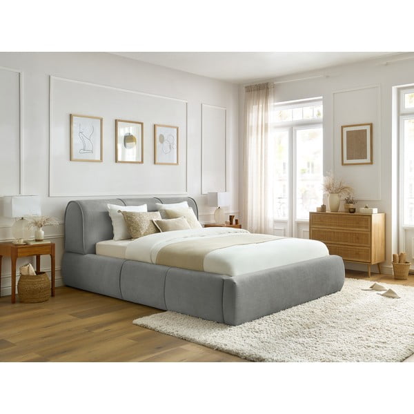 Pat matrimonial gri deschis tapițat cu spațiu de depozitare și somieră 180x200 cm Vernon – Bobochic Paris-image-1