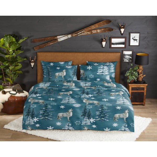 Lenjerie de pat albastru petrol din flanelă pentru pat dublu/extinsă 200x220 cm Midnight – Good Morning-image-1