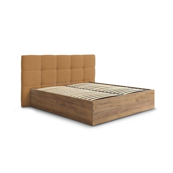 Pat matrimonial galben ocru tapițat/din  placă aglomerată de lemn tapițat cu spațiu de depozitare cu somieră 160x200 cm Kumo – Bobochic Paris