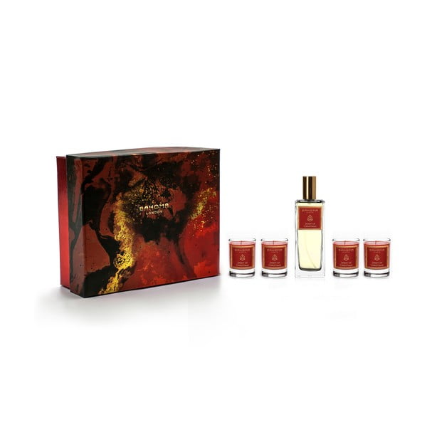 Set 4 lumânări parfumate și parfum de casă, în cutie de cadou, cu aromă de cuisoare si vanilie Bahoma London
