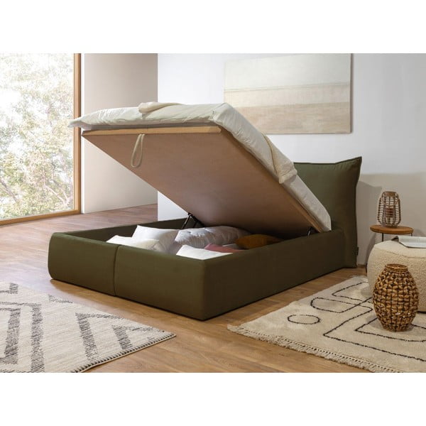 Pat matrimonial 160x200 cm verde închis tapițat cu spațiu de depozitare cu somieră Jade – Bobochic Paris-image-4