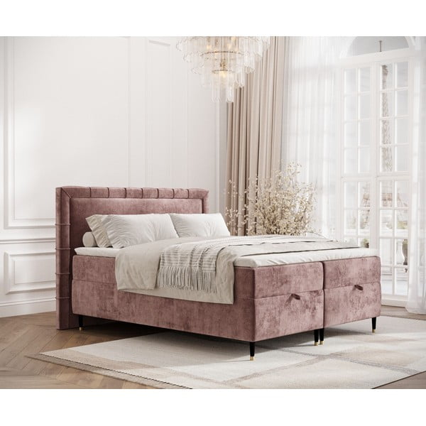 Pat boxspring roz cu spațiu de depozitare 160x200 cm Voyage – Maison de Rêve-image-1