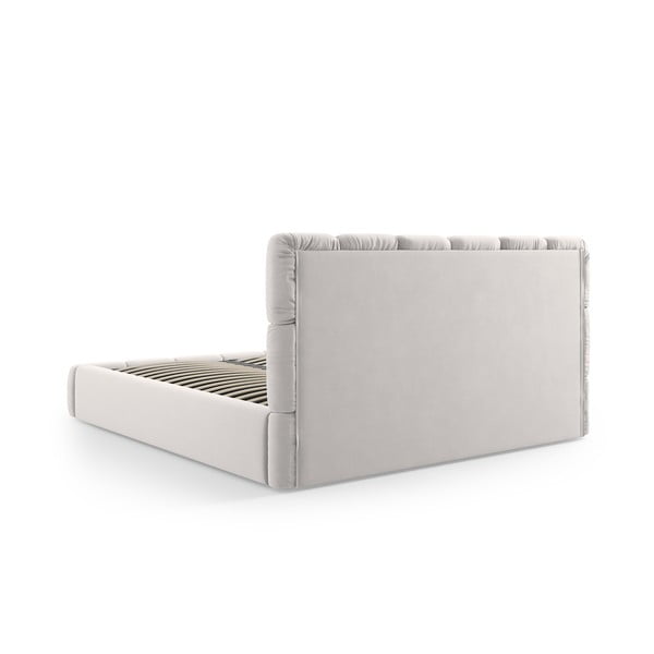 Pat matrimonial gri deschis tapițat din catifea cu spațiu de depozitare cu somieră 140x200 cm Bellis – Micadoni -image-4