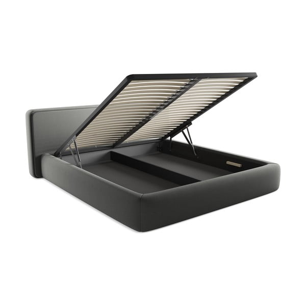 Pat matrimonial gri tapițat cu spațiu de depozitare cu somieră 180x200 cm Kiana – Makamii-image-3