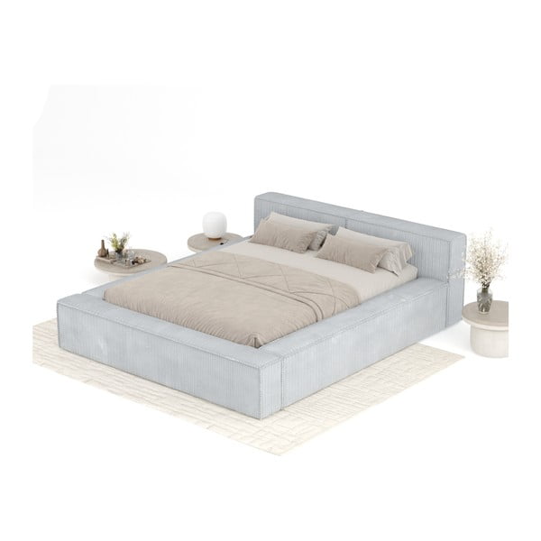 Pat matrimonial gri deschis tapițat cu spațiu de depozitare cu somieră 160x200 cm Voliera – Maison de Rêve-image-3