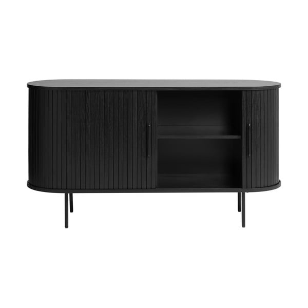 Comodă neagră joasă cu aspect de lemn de stejar cu ușă glisantă 140x76 cm Nola – Unique Furniture-image-3