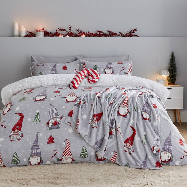 Lenjerie de pat gri din micropluș/cocolino pentru pat dublu, extinsă 230x220 cm Festive Gnomes – Catherine Lansfield-image-1