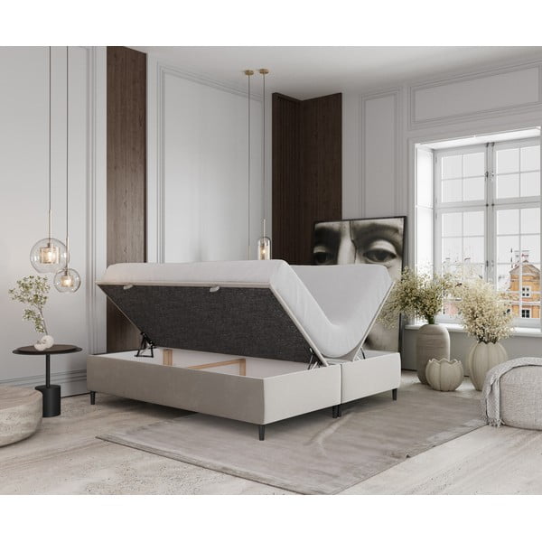 Pat matrimonial crem tapițat cu spațiu de depozitare 160x200 cm Tate – Maison de Rêve-image-2