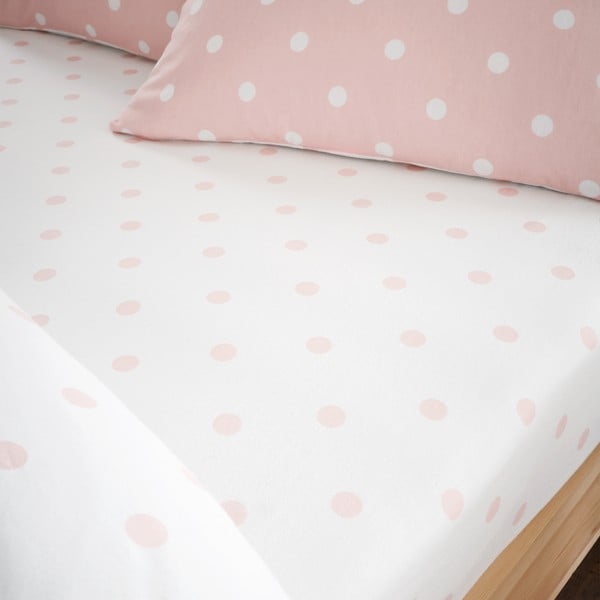 Cearceaf alb-roz din flanelă cu elastic 150x200 cm Polka Dot – Catherine Lansfield-image-1