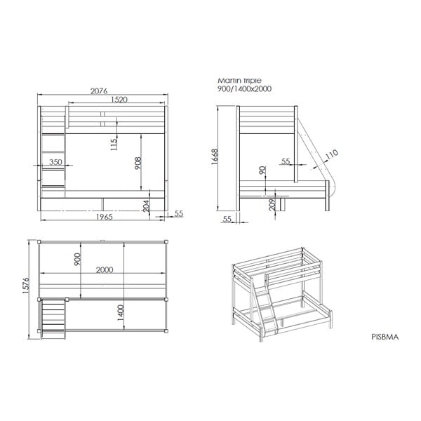 Pat supraetajat din lemn de pin 140x200/90x200 cm  Pino - Vipack-image-2