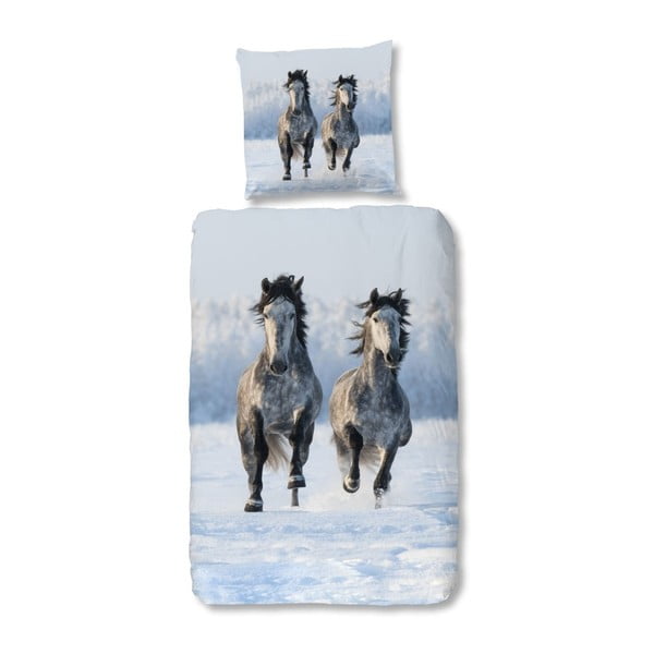 Lenjerie de pat din bumbac pentru copii Good Morning Snow Horses, 135 x 200 cm