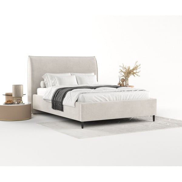 Pat matrimonial crem tapițat cu spațiu de depozitare cu somieră 180x200 cm Shell – Maison de Rêve-image-1