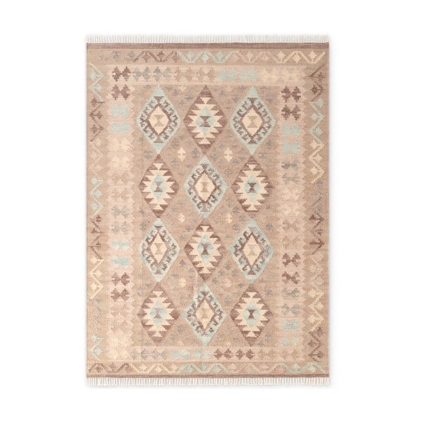 Covor albastru deschis-bej reversibil, țesut manual din lână 160x230 cm Kamal Dune – Nouristan