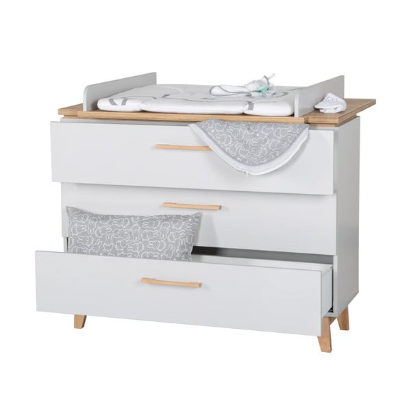 Comodă de copii gri deschis joasă cu aspect de lemn de stejar cu masă de schimbat 117x104 cm Caro – Roba-image-4