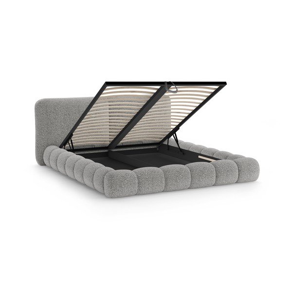 Pat matrimonial gri tapițat cu spațiu de depozitare cu somieră 160x200 cm Solange – Micadoni -image-2