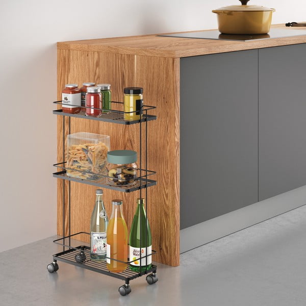 Etajeră pe roți negru-mat din oțel 38x62x16 cm Lava – Metaltex-image-1