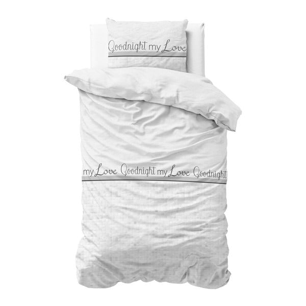Lenjerie de pat din micropercal Sleeptime Goodnight my Love, 140 x 220 cm, alb