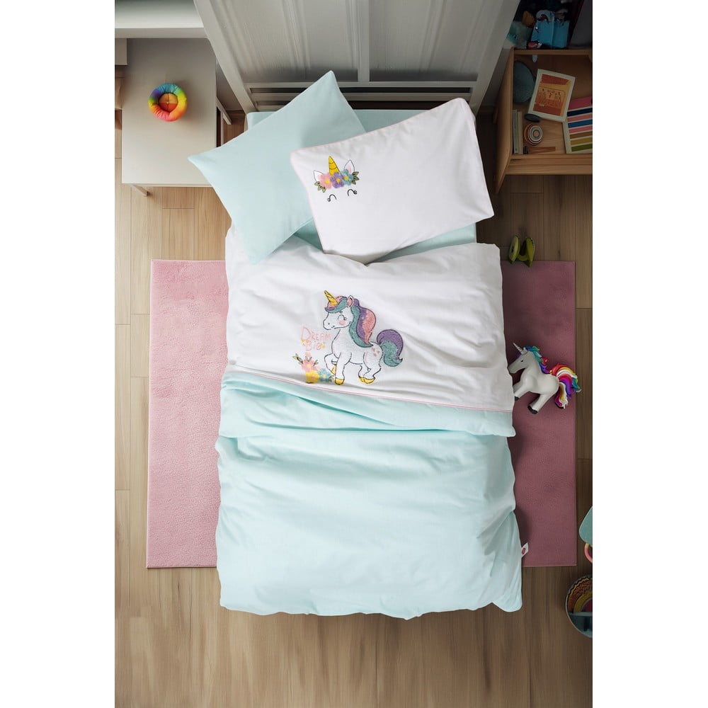 Lenjerie de pat pentru copii albă/verde-mentă din bumbac pentru pătuț cu cearceaf inclus, cu 4 piese 100x150 cm Dolly – Mijolnir