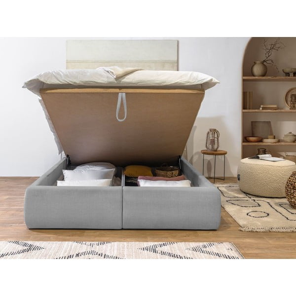 Pat matrimonial 160x200 cm gri deschis tapițat cu spațiu de depozitare cu somieră Jade – Bobochic Paris-image-1