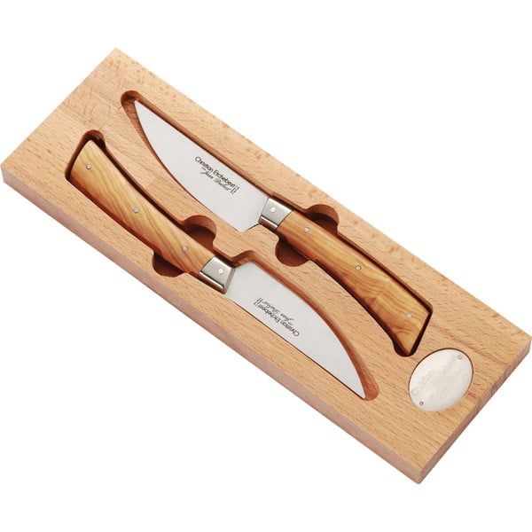 Set 2 cuțite excepționale realizate manual din lemn de măslin cu suport din lemn Jean Dubost Handmade