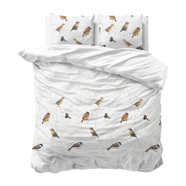Lenjerie din amestec de bumbac pentru pat dublu Sleeptime Birdy White, 240 x 220 cm