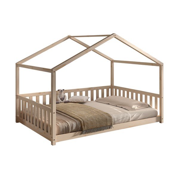 Pat pentru copii  în culoare naturală de tip casă din lemn de pin cu somieră 140x200 cm Dallas – Vipack-image-2
