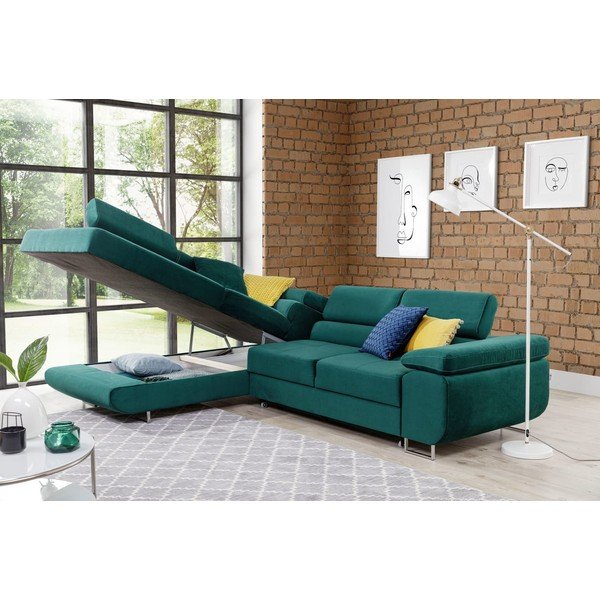 Colțar verde extensibil/cu spațiu de depozitare cu tapițerie din catifea (cu colț pe partea stângă/în formă de ”L”) Anton – ELTAP-image-3