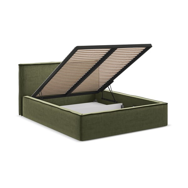 Pat matrimonial verde tapițat cu spațiu de depozitare cu somieră 160x200 cm Anani – Makamii-image-2