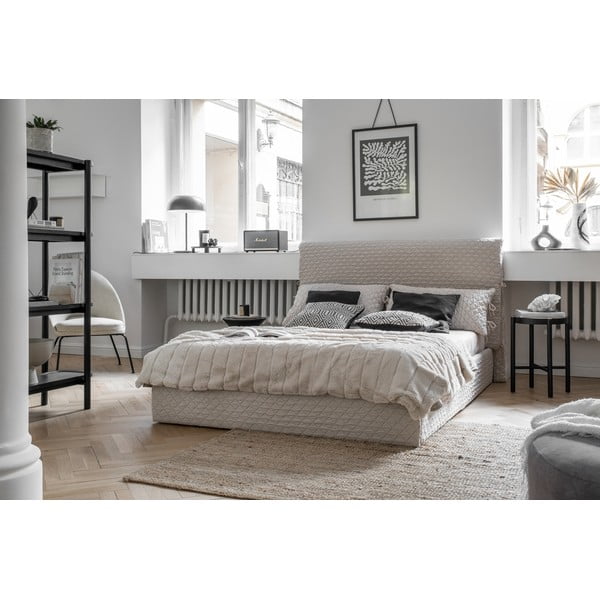 Pat matrimonial bej tapițat cu spațiu de depozitare și somieră 140x200 cm Sleepy Luna – Miuform-image-1