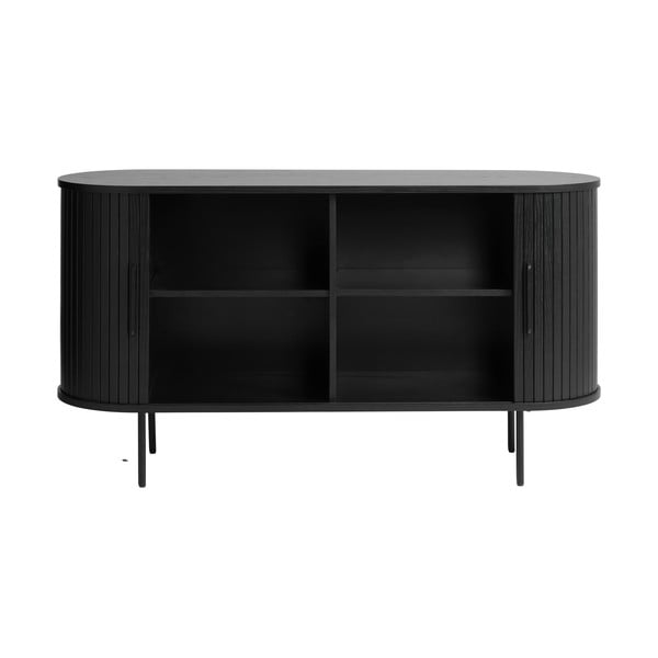 Comodă neagră joasă cu aspect de lemn de stejar cu ușă glisantă 140x76 cm Nola – Unique Furniture-image-4
