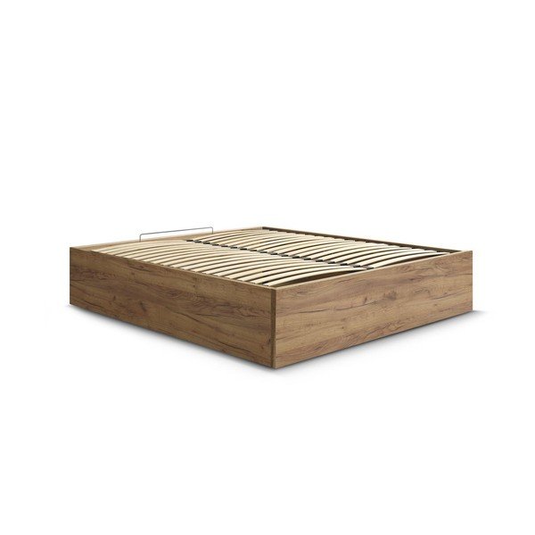 Pat matrimonial maro din  placă aglomerată de lemn cu aspect de lemn de mesteacăn cu spațiu de depozitare/fără tăblie cu somieră 140x190 cm Mara – Bobochic Paris