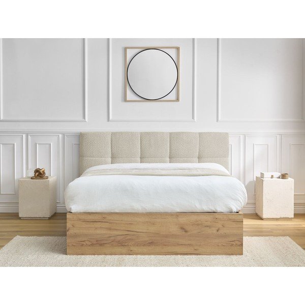 Pat matrimonial bej tapițat/din  placă aglomerată de lemn tapițat cu spațiu de depozitare cu somieră 160x200 cm Kumo – Bobochic Paris-image-4