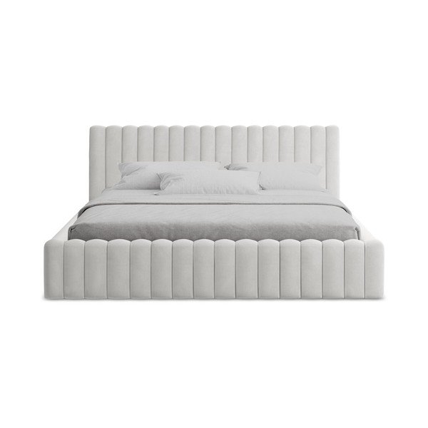 Pat matrimonial argintiu tapițat cu spațiu de depozitare cu somieră 180x200 cm Lemi – Makamii-image-4