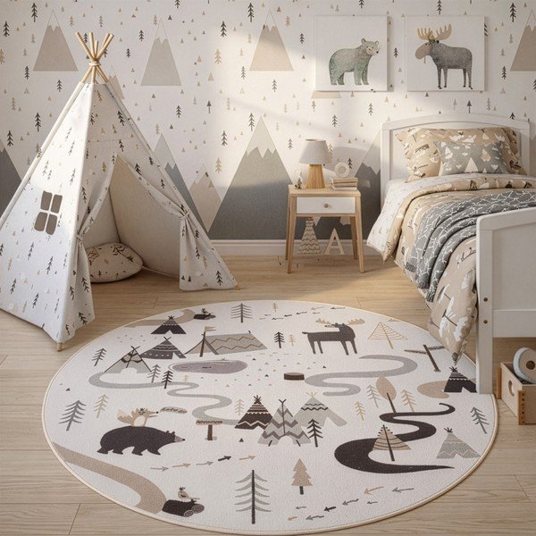 Covor pentru copii crem lavabil ø120 cm Coco 1135 – Ayyildiz Carpets-image-1