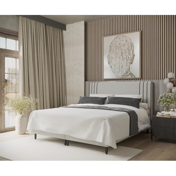 Pat matrimonial gri deschis tapițat cu spațiu de depozitare 200x200 cm Musca – Maison de Rêve-image-1