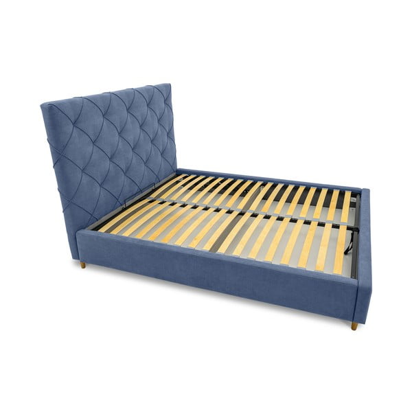 Pat matrimonial albastru tapițat cu spațiu de depozitare și somieră 160x200 cm Bee – Scandic-image-4