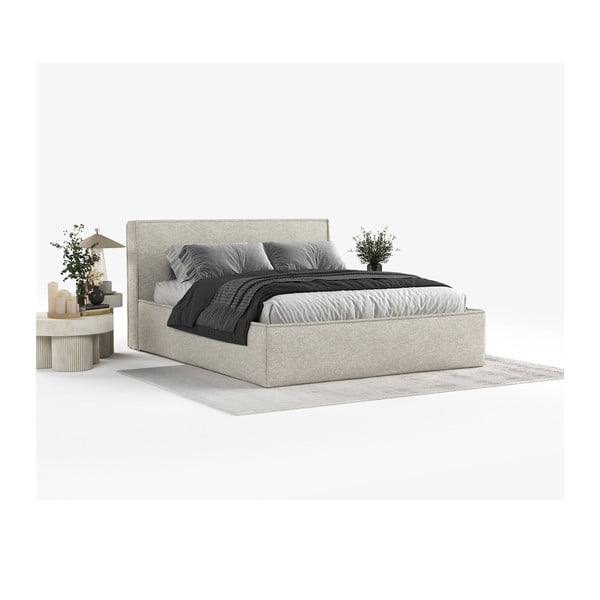 Pat matrimonial gri deschis tapițat cu spațiu de depozitare cu somieră 200x200 cm Lounge L – Maison de Rêve-image-1