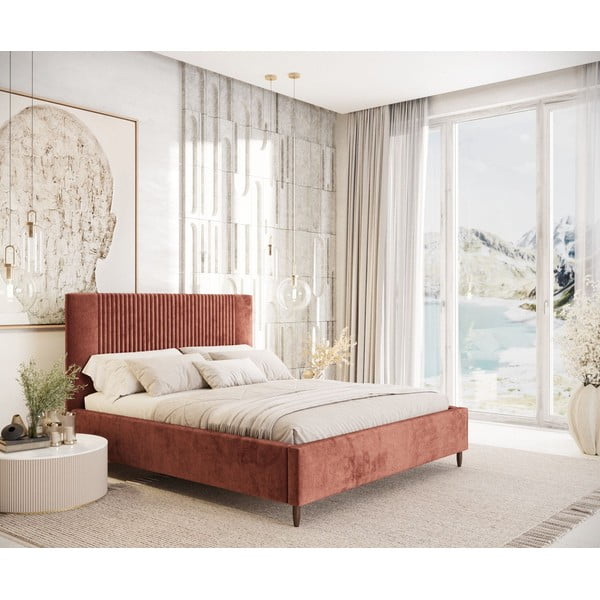 Pat matrimonial cărămiziu tapițat cu spațiu de depozitare cu somieră 180x200 cm Etero – Maison de Rêve-image-1