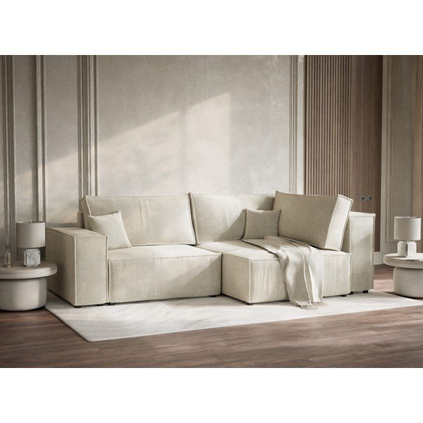 Colțar crem extensibil/cu spațiu de depozitare cu tapițerie din chenille (cu colț pe partea dreaptă/în formă de ”L”) Tonga – Maison de Rêve-image-4