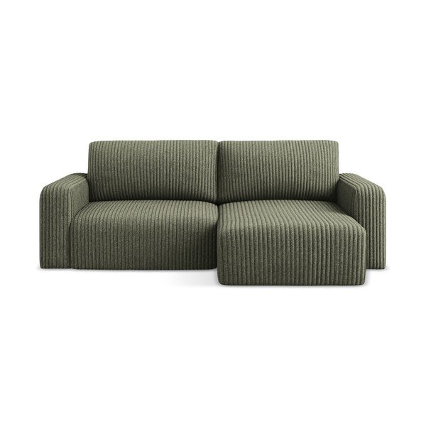 Colțar verde extensibil/cu spațiu de depozitare cu tapițerie din catifea reiată  (cu colț pe partea dreaptă/cu șezlong) Kona – Makamii