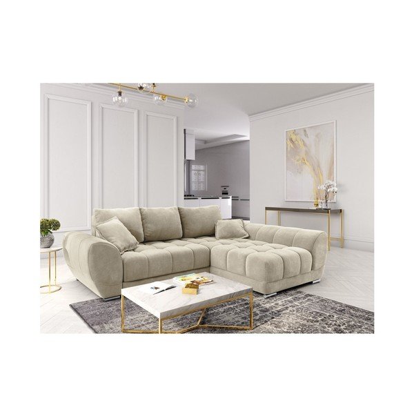 Colțar extensibil cu tapițerie de catifea și șezlong pe partea dreaptă Windsor & Co Sofas Nuage, bej-image-1