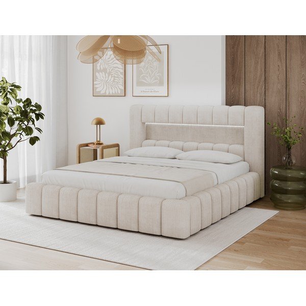 Pat matrimonial bej tapițat cu spațiu de depozitare cu somieră 180x200 cm Lamica – ELTAP-image-1